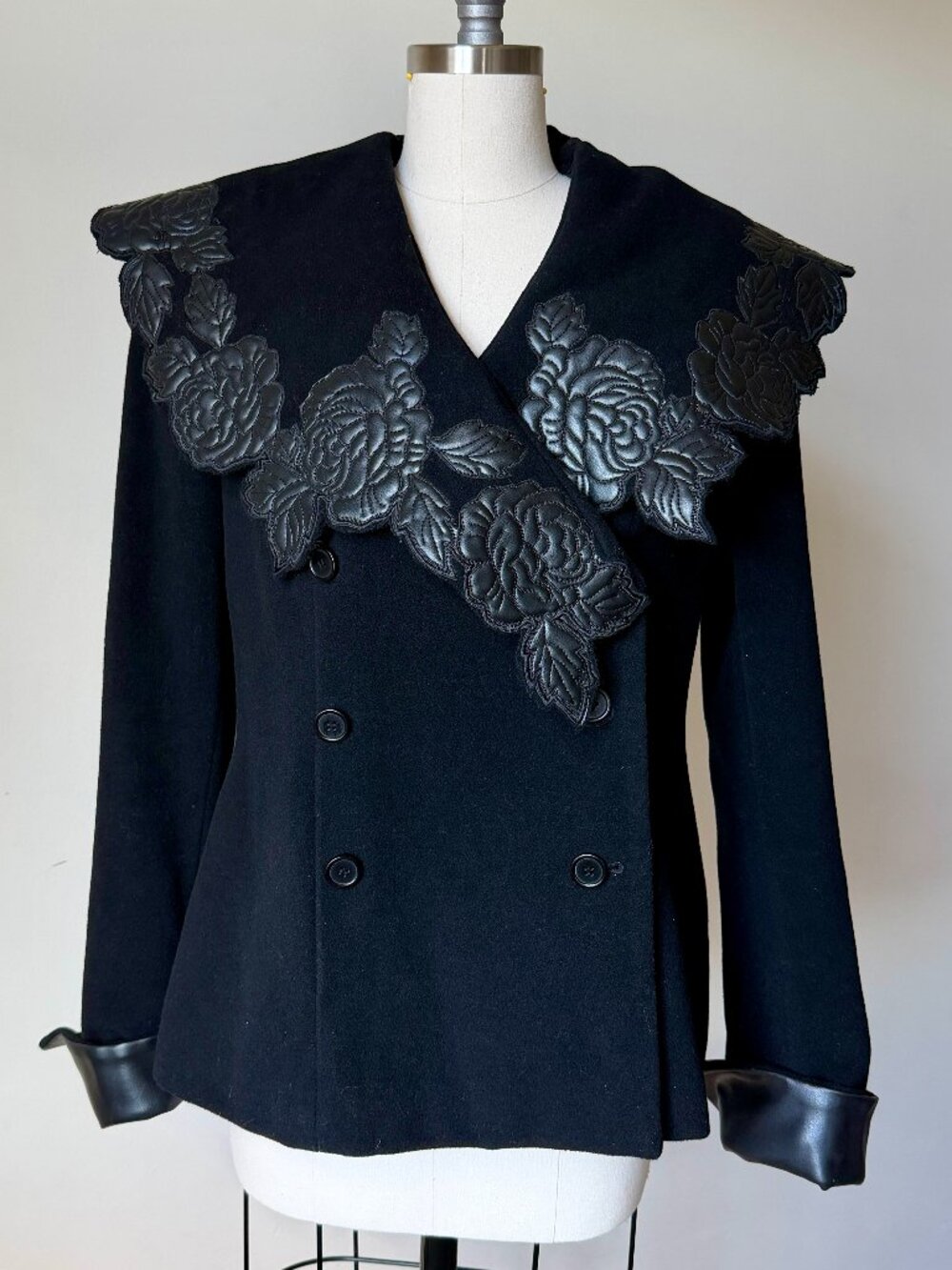 Vintage Newport News Black Wool Peacoat | Rose Leather Applique Collar Jacket 12